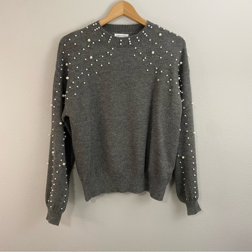 Pearl-Embellished Crewneck Sweater - Gray